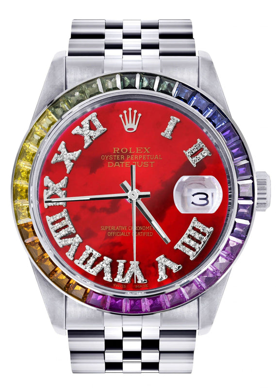 Diamond Gold Rolex Watch For Men 16200 | 36Mm | Rainbow Sapphire Bezel | Red Pearl Roman Numeral Dial | Jubilee Band