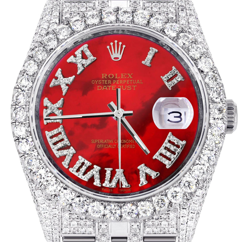 Iced Out Rolex Datejust 36 MM | Stainless Steel | 16.5 Carats of Diamonds | Red Mother of Pearl Roman Diamond Dial | Jubilee Band | Model 116200