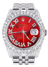 Iced Out Rolex Datejust 36 MM | Stainless Steel | 16.5 Carats of Diamonds | Red Mother of Pearl Roman Diamond Dial | Jubilee Band | Model 116200