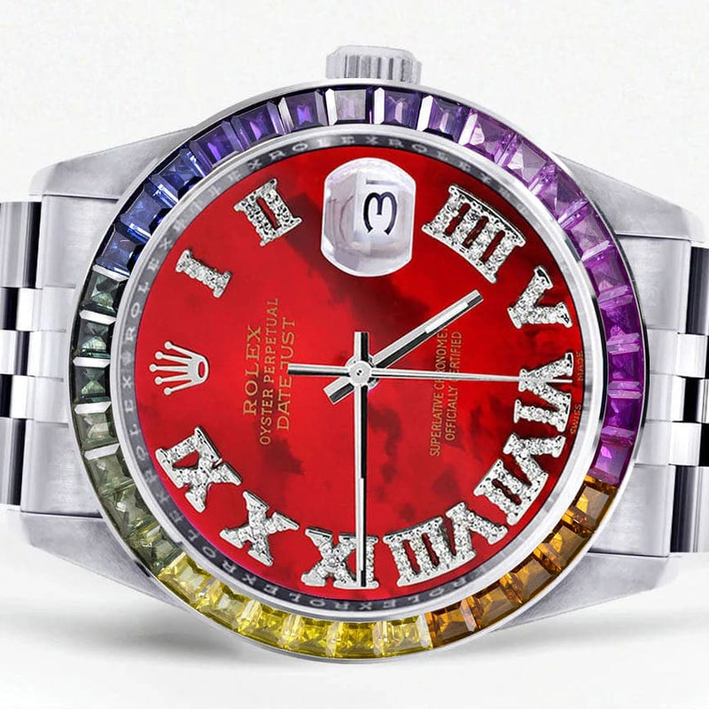 Diamond Gold Rolex Watch For Men 16200 | 36Mm | Rainbow Sapphire Bezel | Red Pearl Roman Numeral Dial | Jubilee Band