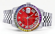 Diamond Gold Rolex Watch For Men 16200 | 36Mm | Rainbow Sapphire Bezel | Red Pearl Roman Numeral Dial | Jubilee Band