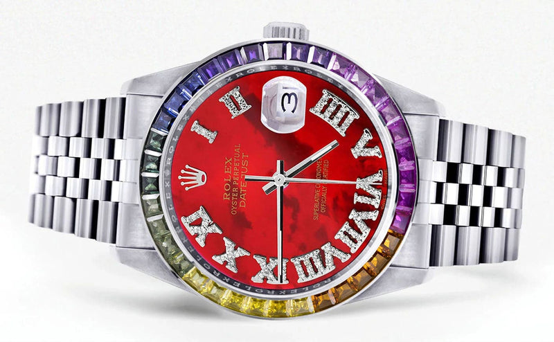 Diamond Gold Rolex Watch For Men 16200 | 36Mm | Rainbow Sapphire Bezel | Red Pearl Roman Numeral Dial | Jubilee Band