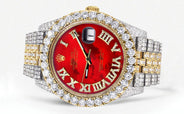 Diamond Iced Out Rolex Datejust 41 | 25 Carats Of Diamonds | Custom Red Mother of Pearl Roman Numeral Diamond Dial | Two Tone | Jubilee Band
