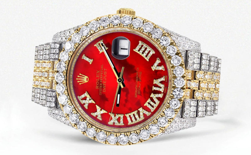 Diamond Iced Out Rolex Datejust 41 | 25 Carats Of Diamonds | Custom Red Mother of Pearl Roman Numeral Diamond Dial | Two Tone | Jubilee Band