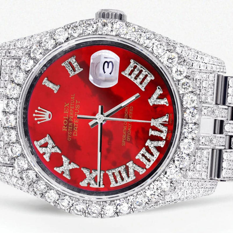 Iced Out Rolex Datejust 36 MM | Stainless Steel | 16.5 Carats of Diamonds | Red Mother of Pearl Roman Diamond Dial | Jubilee Band | Model 116200