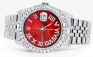 Iced Out Rolex Datejust 36 MM | Stainless Steel | 16.5 Carats of Diamonds | Red Mother of Pearl Roman Diamond Dial | Jubilee Band | Model 116200