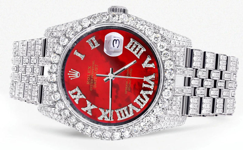 Iced Out Rolex Datejust 36 MM | Stainless Steel | 16.5 Carats of Diamonds | Red Mother of Pearl Roman Diamond Dial | Jubilee Band | Model 116200