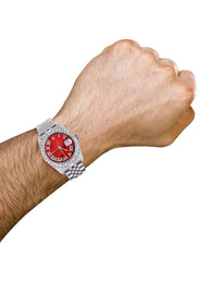 Iced Out Rolex Datejust 36 MM | Stainless Steel | 16.5 Carats of Diamonds | Red Mother of Pearl Roman Diamond Dial | Jubilee Band | Model 116200