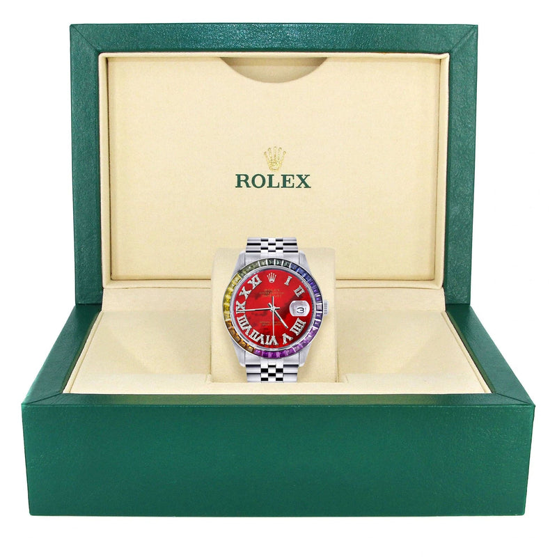 Diamond Gold Rolex Watch For Men 16200 | 36Mm | Rainbow Sapphire Bezel | Red Pearl Roman Numeral Dial | Jubilee Band