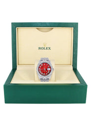 Iced Out Rolex Datejust 36 MM | Stainless Steel | 16.5 Carats of Diamonds | Red Mother of Pearl Roman Diamond Dial | Jubilee Band | Model 116200