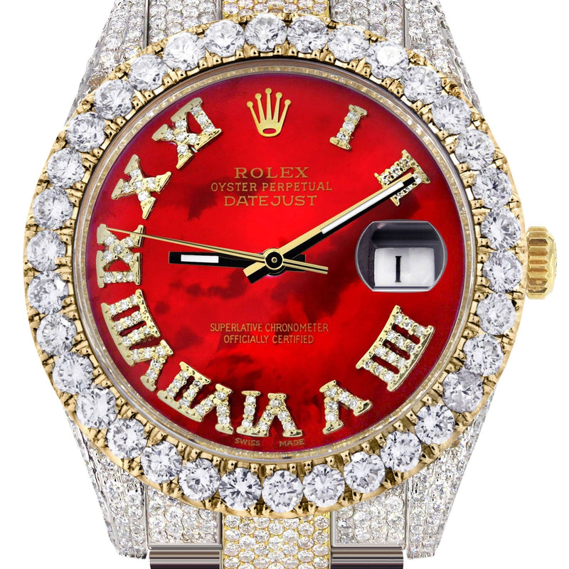 Diamond Iced Out Rolex Datejust 41 | 25 Carats Of Diamonds | Custom Red Mother of Pearl Roman Numeral Diamond Dial | Two Tone | Oyster Band