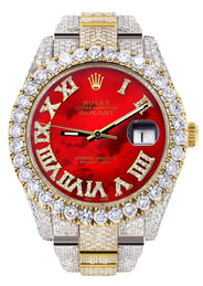Diamond Iced Out Rolex Datejust 41 | 25 Carats Of Diamonds | Custom Red Mother of Pearl Roman Numeral Diamond Dial | Two Tone | Oyster Band