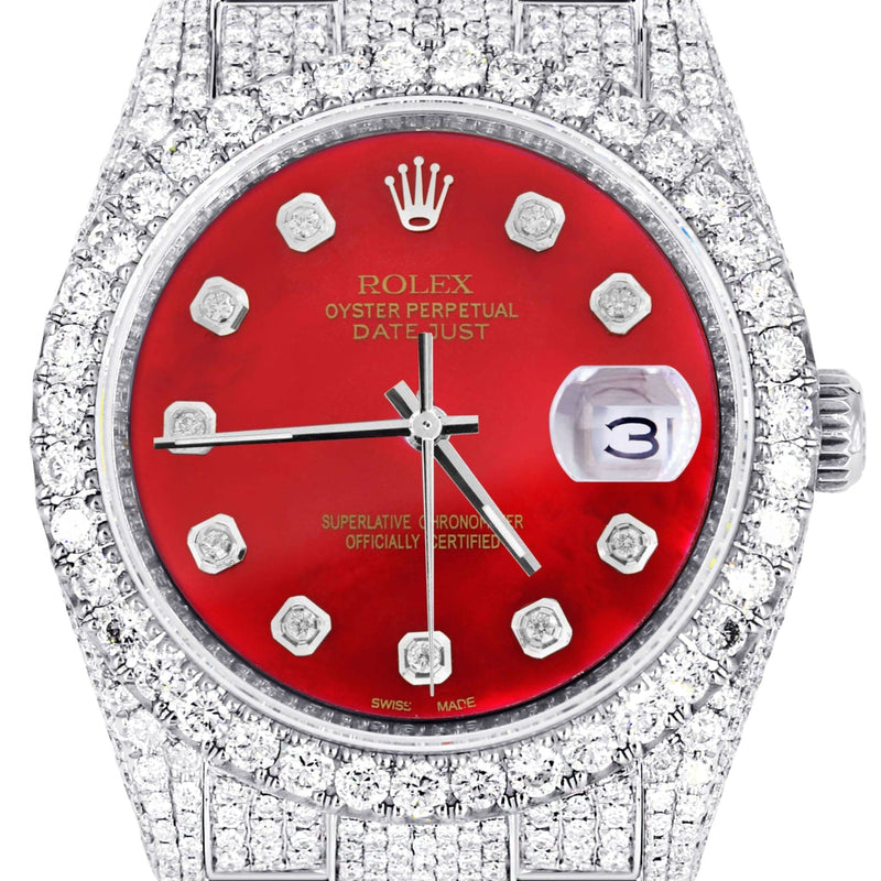 Iced Out Rolex Datejust 36 MM | Stainless Steel | 16.5 Carats of Diamonds | Red Diamond Dial | Oyster Band | Model 116200