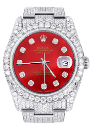 Iced Out Rolex Datejust 36 MM | Stainless Steel | 16.5 Carats of Diamonds | Red Diamond Dial | Oyster Band | Model 116200