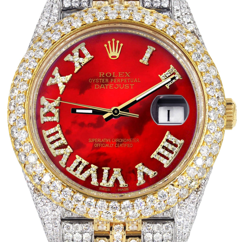 Diamond Iced Out Rolex Datejust 41 | 25 Carats Of Diamonds | Custom Red Mother of Pearl Roman Numeral Diamond Dial | Two Tone | Two Row | Jubilee Band