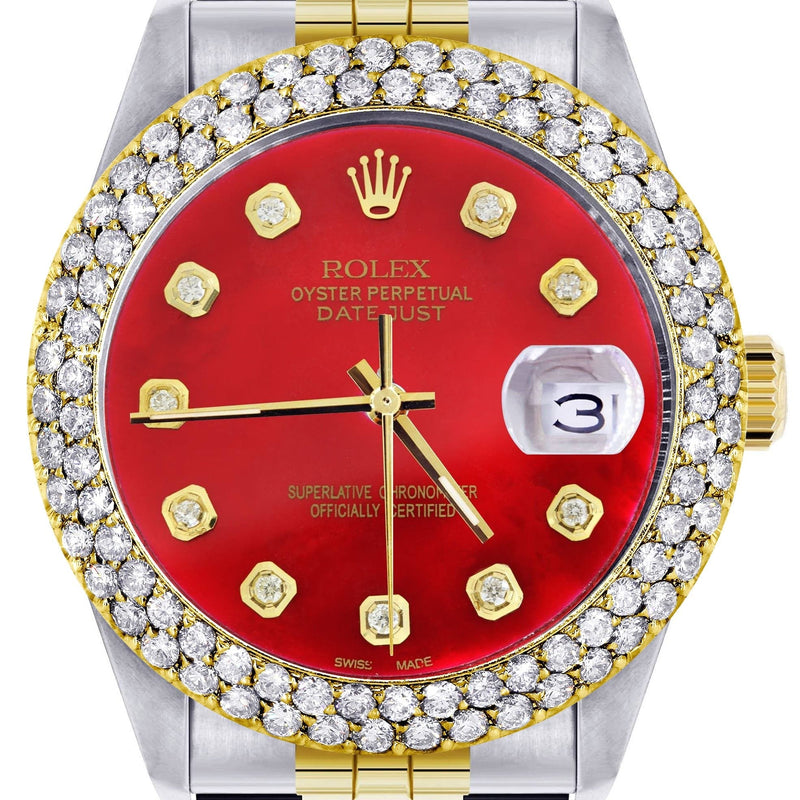 Diamond Gold Rolex Watch For Women 16233 | 36Mm | Custom Red Dial | Two Row 4.25 Carat Bezel | Jubilee Band