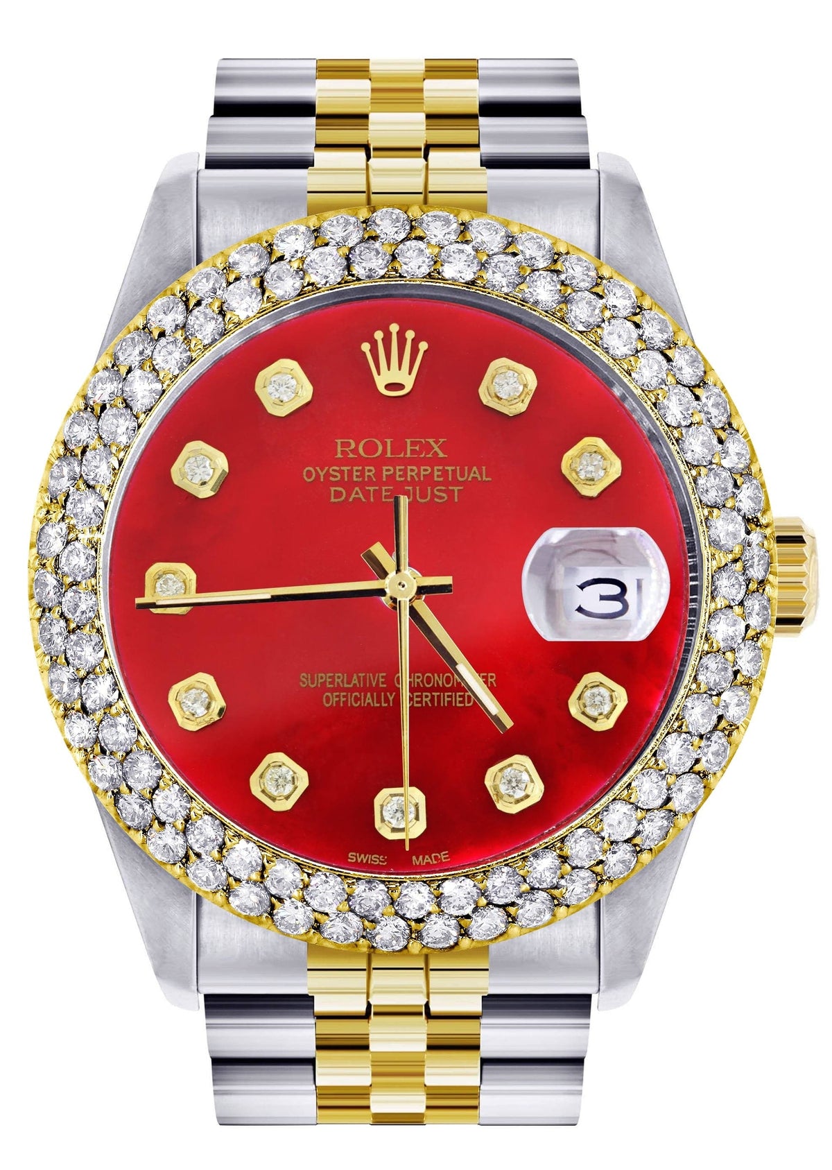 Diamond Gold Rolex Watch For Women 16233 | 36Mm | Custom Red Dial | Two Row 4.25 Carat Bezel | Jubilee Band