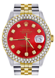 Diamond Gold Rolex Watch For Women 16233 | 36Mm | Custom Red Dial | Two Row 4.25 Carat Bezel | Jubilee Band
