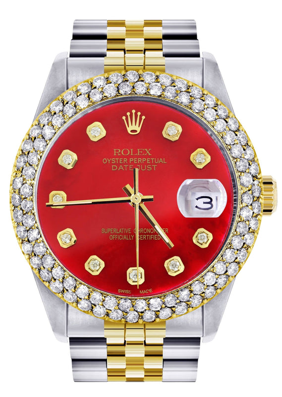 Diamond Gold Rolex Watch For Women 16233 | 36Mm | Custom Red Dial | Two Row 4.25 Carat Bezel | Jubilee Band