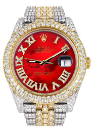 Womens Diamond Iced Out Rolex Datejust 41 | 25 Carats Of Diamonds | Custom Red Mother of Pearl Roman Numeral Diamond Dial | Two Tone | Two Row | Jubilee Band