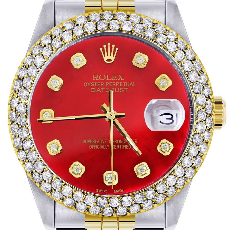 Diamond Gold Rolex Watch For Men 16233 | 36Mm | Custom Red Dial | Two Row 4.25 Carat Bezel | Jubilee Band