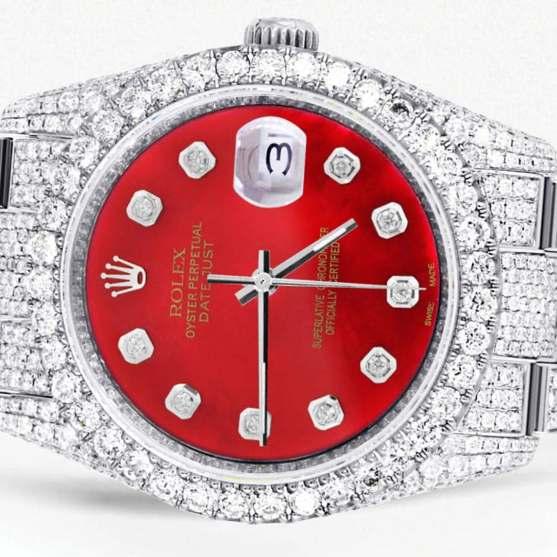 Iced Out Rolex Datejust 36 MM | Stainless Steel | 16.5 Carats of Diamonds | Red Diamond Dial | Oyster Band | Model 116200