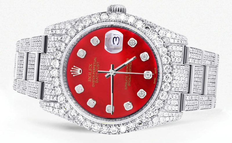 Iced Out Rolex Datejust 36 MM | Stainless Steel | 16.5 Carats of Diamonds | Red Diamond Dial | Oyster Band | Model 116200
