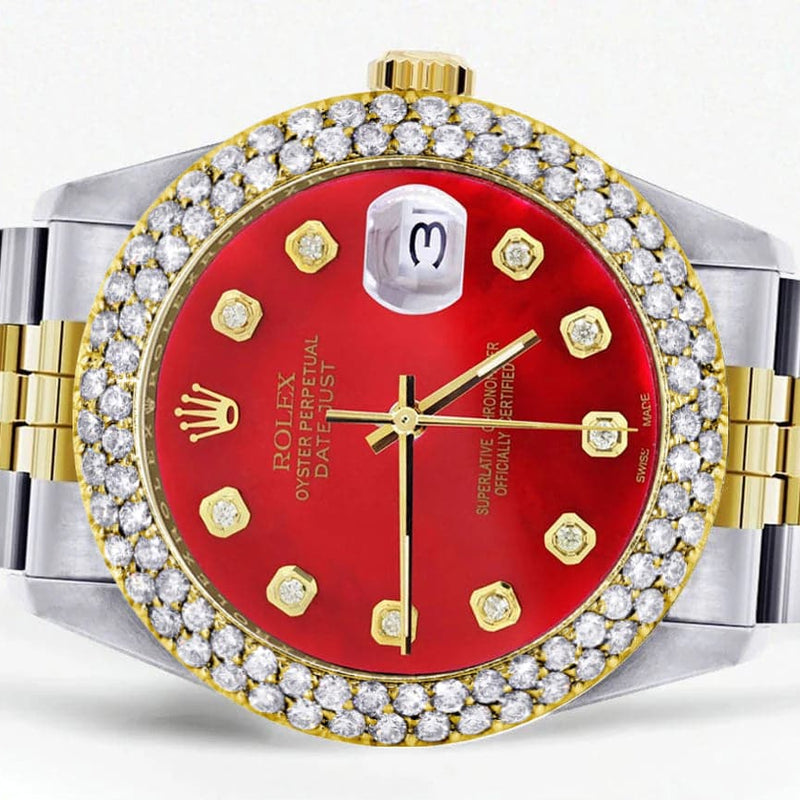 Diamond Gold Rolex Watch For Women 16233 | 36Mm | Custom Red Dial | Two Row 4.25 Carat Bezel | Jubilee Band