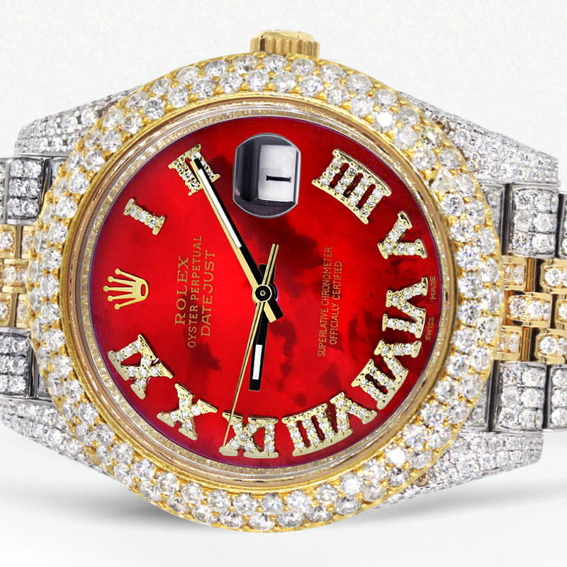 Womens Diamond Iced Out Rolex Datejust 41 | 25 Carats Of Diamonds | Custom Red Mother of Pearl Roman Numeral Diamond Dial | Two Tone | Two Row | Jubilee Band