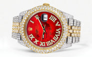 Womens Diamond Iced Out Rolex Datejust 41 | 25 Carats Of Diamonds | Custom Red Mother of Pearl Roman Numeral Diamond Dial | Two Tone | Two Row | Jubilee Band