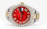 Diamond Iced Out Rolex Datejust 41 | 25 Carats Of Diamonds | Custom Red Mother of Pearl Roman Numeral Diamond Dial | Two Tone | Oyster Band