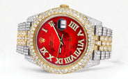 Diamond Iced Out Rolex Datejust 41 | 25 Carats Of Diamonds | Custom Red Mother of Pearl Roman Numeral Diamond Dial | Two Tone | Two Row | Jubilee Band