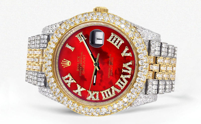 Diamond Iced Out Rolex Datejust 41 | 25 Carats Of Diamonds | Custom Red Mother of Pearl Roman Numeral Diamond Dial | Two Tone | Two Row | Jubilee Band