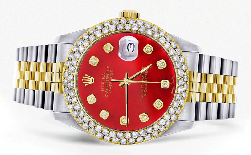 Diamond Gold Rolex Watch For Men 16233 | 36Mm | Custom Red Dial | Two Row 4.25 Carat Bezel | Jubilee Band