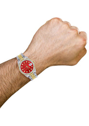 Diamond Gold Rolex Watch For Men 16233 | 36Mm | Custom Red Dial | Two Row 4.25 Carat Bezel | Jubilee Band
