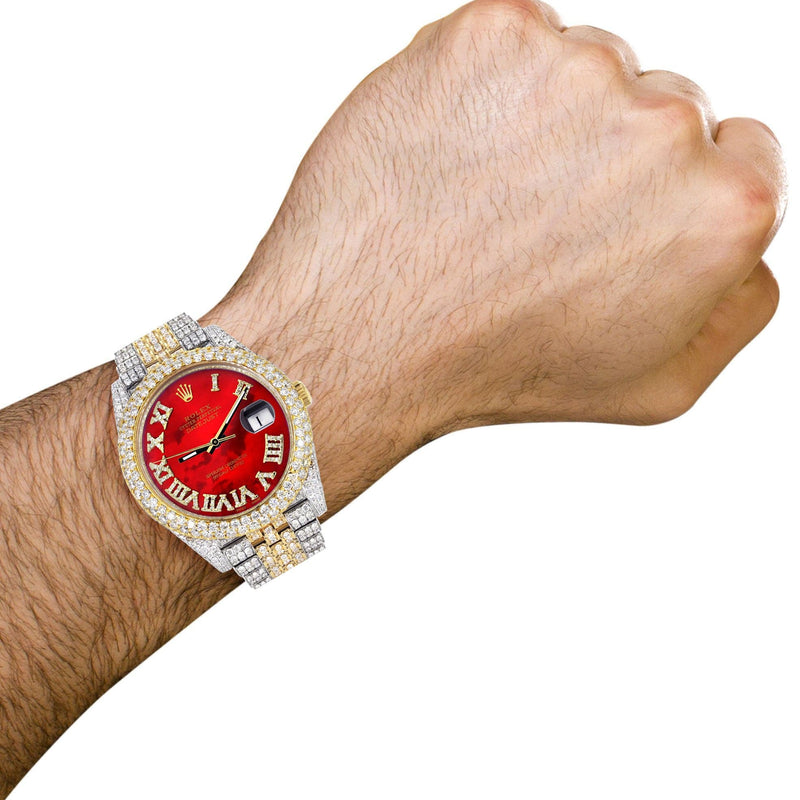 Diamond Iced Out Rolex Datejust 41 | 25 Carats Of Diamonds | Custom Red Mother of Pearl Roman Numeral Diamond Dial | Two Tone | Two Row | Jubilee Band
