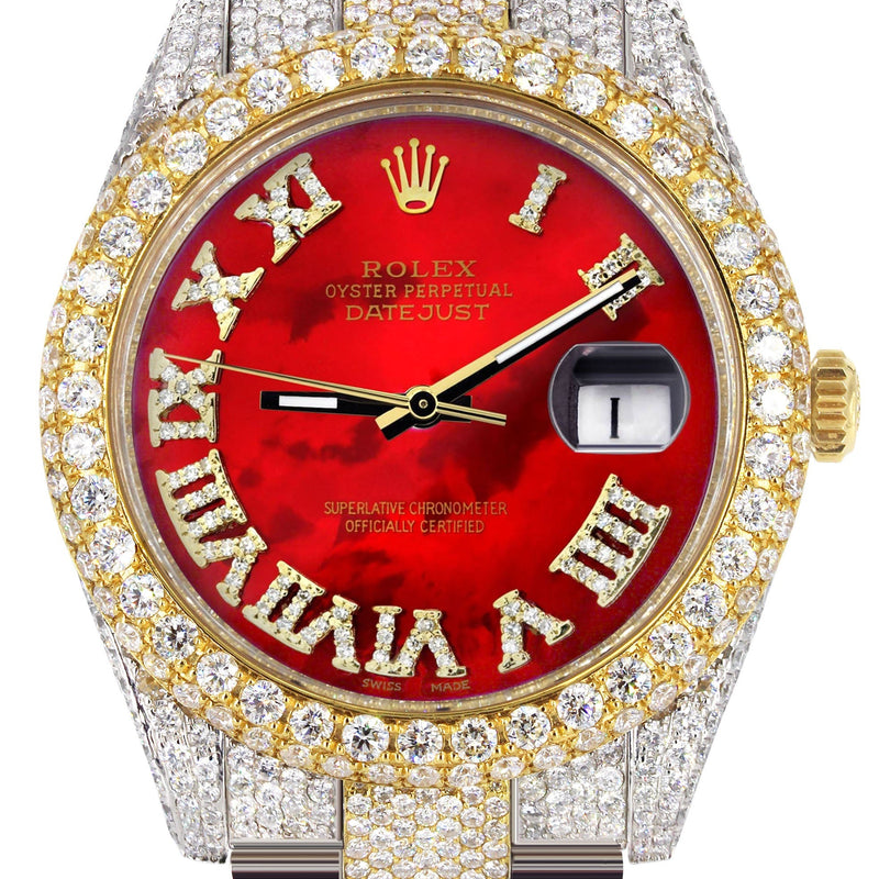 Womens Diamond Iced Out Rolex Datejust 41 | 25 Carats Of Diamonds | Custom Red Mother of Pearl Roman Numeral Diamond Dial | Two Tone | Two Row | Oyster Band