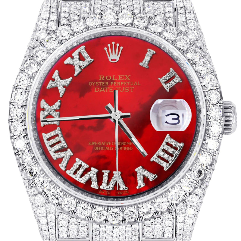 Iced Out Rolex Datejust 36 MM | Stainless Steel | 16.5 Carats of Diamonds | Red Mother of Pearl Roman Diamond Dial | Oyster Band | Model 116200