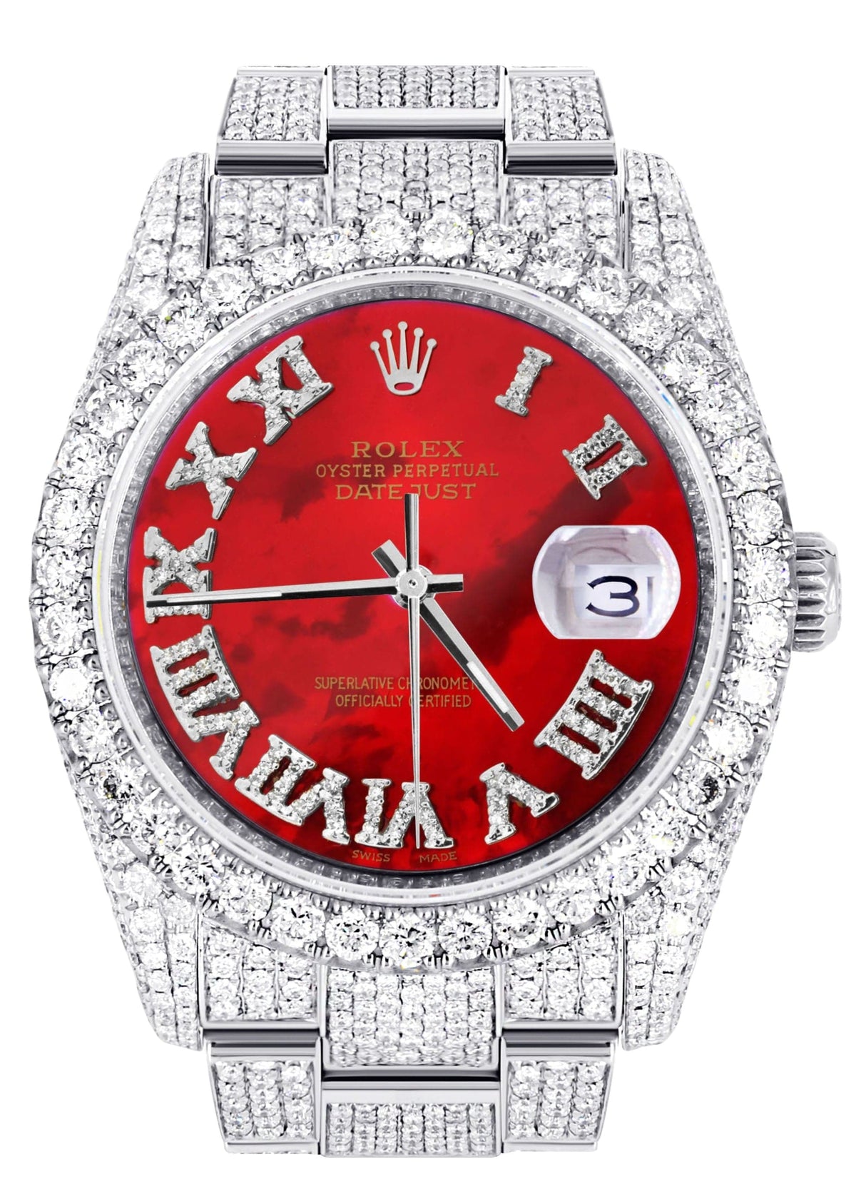 Iced Out Rolex Datejust 36 MM | Stainless Steel | 16.5 Carats of Diamonds | Red Mother of Pearl Roman Diamond Dial | Oyster Band | Model 116200