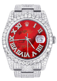 Iced Out Rolex Datejust 36 MM | Stainless Steel | 16.5 Carats of Diamonds | Red Mother of Pearl Roman Diamond Dial | Oyster Band | Model 116200
