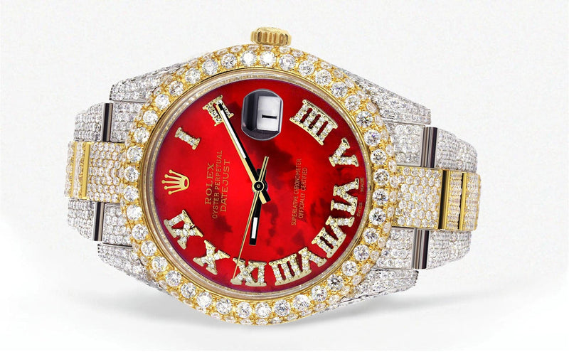 Diamond Iced Out Rolex Datejust 41 | 25 Carats Of Diamonds | Custom Red Mother of Pearl Roman Numeral Diamond Dial | Two Tone | Two Row | Oyster Band