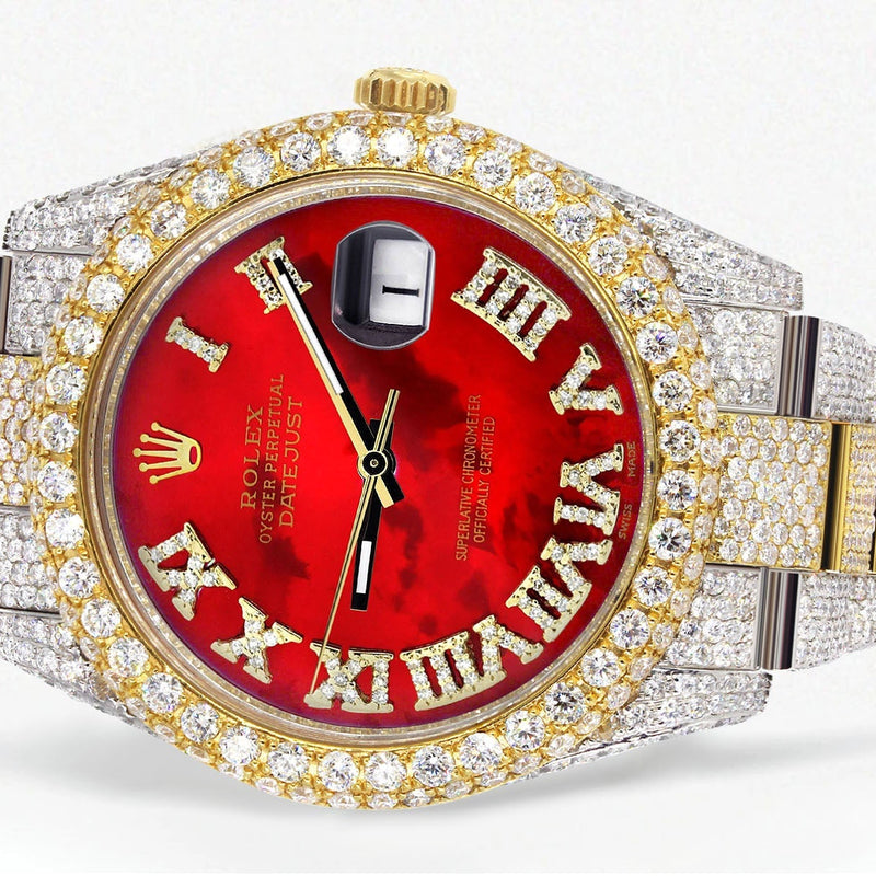 Womens Diamond Iced Out Rolex Datejust 41 | 25 Carats Of Diamonds | Custom Red Mother of Pearl Roman Numeral Diamond Dial | Two Tone | Two Row | Oyster Band