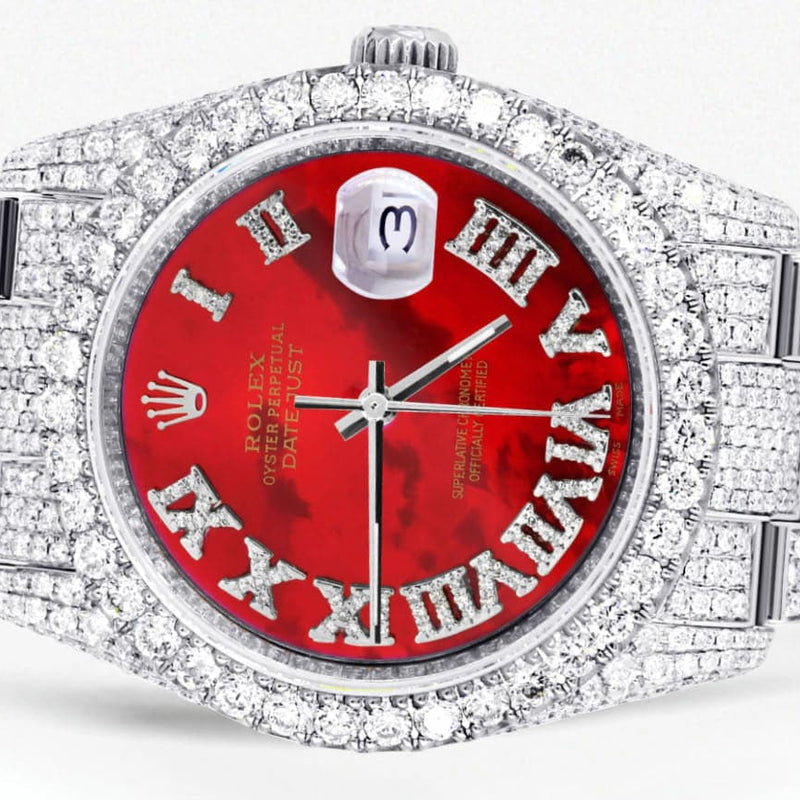 Iced Out Rolex Datejust 36 MM | Stainless Steel | 16.5 Carats of Diamonds | Red Mother of Pearl Roman Diamond Dial | Oyster Band | Model 116200