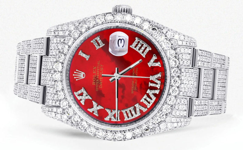 Iced Out Rolex Datejust 36 MM | Stainless Steel | 16.5 Carats of Diamonds | Red Mother of Pearl Roman Diamond Dial | Oyster Band | Model 116200