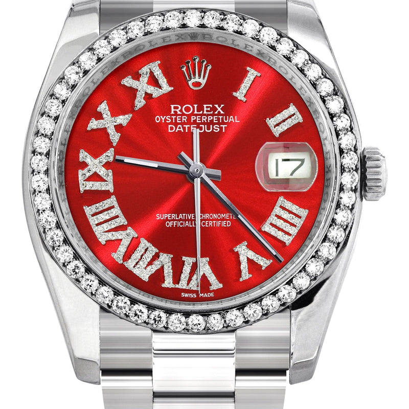 116200 | Rolex Datejust Watch | 36Mm | Red Roman Dial | Oyster Band