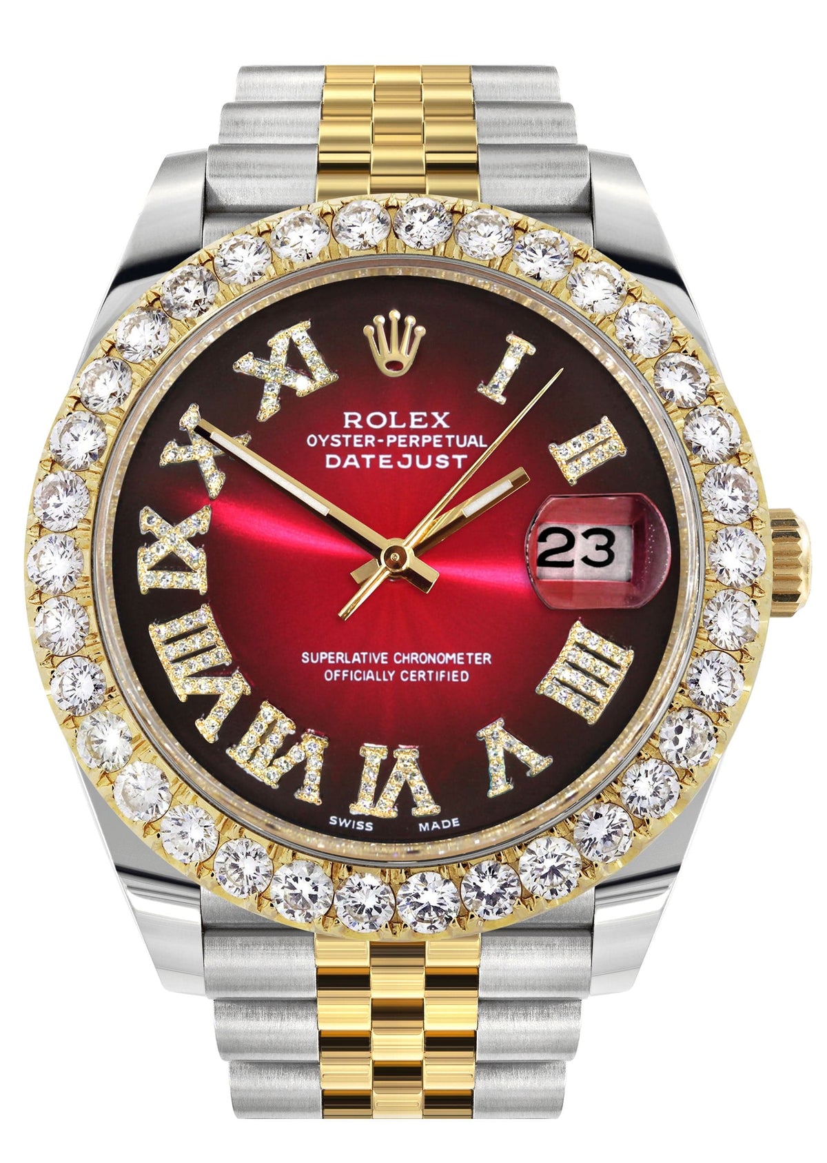 Rolex Datejust 41 Watch | 41 MM | 18K Yellow Gold & Stainless Steel | Custom Red Black Roman Dial | Jubilee Band