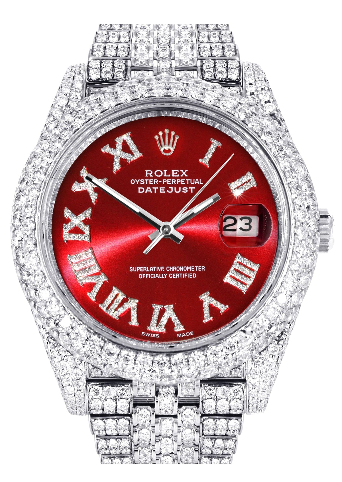 Diamond Iced Out Rolex Datejust 41 | 25 Carats Of Diamonds | Custom Red Roman Numeral Diamond Dial | Two Row | Jubilee Band