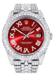 Diamond Iced Out Rolex Datejust 41 | 25 Carats Of Diamonds | Custom Red Roman Numeral Diamond Dial | Two Row | Jubilee Band