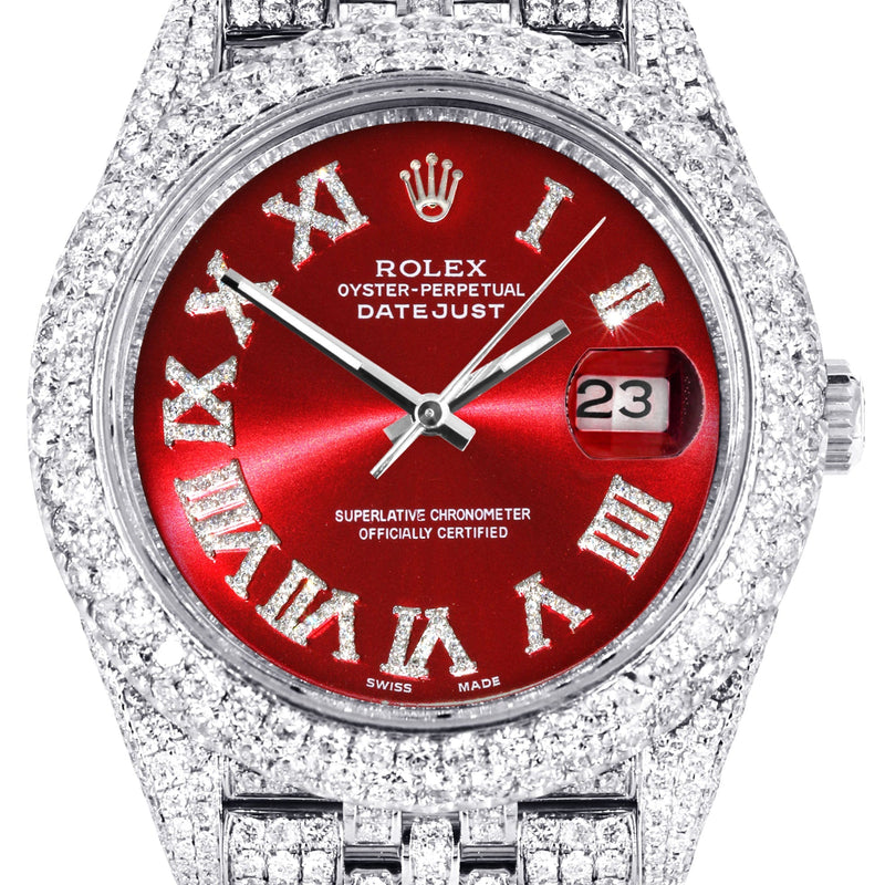 Womens Diamond Iced Out Rolex Datejust 41 | 25 Carats Of Diamonds | Custom Red Roman Numeral Diamond Dial | Two Row | Jubilee Band