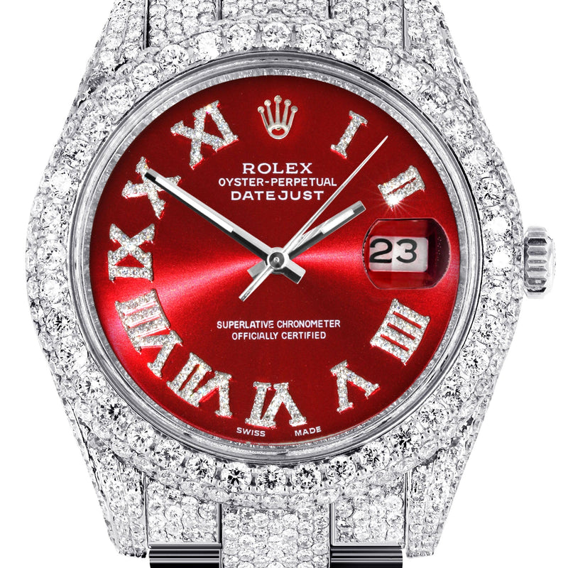Womens Diamond Iced Out Rolex Datejust 41 | 25 Carats Of Diamonds | Custom Red Roman Numeral Diamond Dial | Two Row | Oyster Band